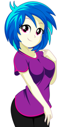 Size: 773x1600 | Tagged: safe, artist:rosemile mulberry, imported from derpibooru, dj pon-3, vinyl scratch, equestria girls, breasts, clothes, cute, female, pants, shirt, simple background, smiling, solo, vinylbetes, white background