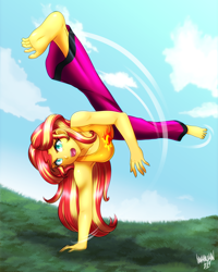 Size: 3600x4500 | Tagged: safe, artist:danmakuman, imported from derpibooru, sunset shimmer, human, equestria girls, absurd resolution, armpits, barefoot, capoeira, clothes, cloud, commission, cutie mark on clothes, feet, female, grass, humanized, martial arts, open mouth, pants, sky, solo, tanktop, training