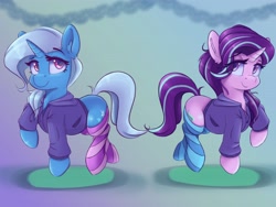 Size: 4096x3072 | Tagged: safe, artist:ardail, imported from derpibooru, starlight glimmer, trixie, pony, unicorn, clothes, clothes swap, cute, duo, female, hoodie, looking at you, mare, messy mane, smiling, socks, striped socks