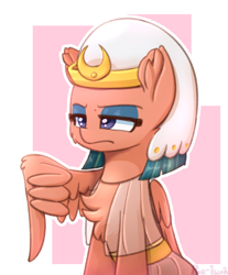 Size: 940x1136 | Tagged: safe, artist:puetsua, imported from derpibooru, somnambula, pegasus, pony, abstract background, cheek fluff, chest fluff, cute, ear fluff, eyeshadow, female, flexible, fluffy, frown, glare, headdress, lidded eyes, makeup, mare, reaction image, solo, thumbs down, unamused, wing fluff, wing hands