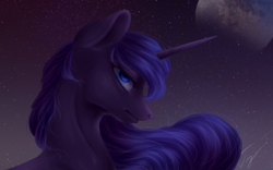 Size: 1920x1200 | Tagged: safe, artist:гусь, imported from derpibooru, princess luna, alicorn, pony, dark, female, mare, moon, solo, space, stars