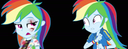 Size: 1946x754 | Tagged: safe, imported from derpibooru, rainbow dash, fanfic:rainbow factory, equestria girls, equestria girls series, clothes, duality, eye scar, geode of super speed, lab coat, magical geodes, rainbow factory dash, scar, scared, self paradox, spectra