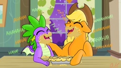 Size: 1024x576 | Tagged: safe, artist:bella-pink-savage, artist:bellbell123, imported from derpibooru, applejack, spike, dragon, applespike, cute, dialogue, female, floppy ears, food, jackabetes, laughing, male, messy eating, pie, shipping, spikabetes, straight, winged spike, wings