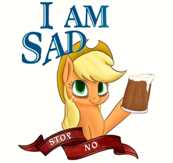 Size: 570x539 | Tagged: safe, alternate version, artist:tkuroneko, imported from derpibooru, applejack, earth pony, pony, alcohol, applejack's hat, bags under eyes, beer, caption, cowboy hat, drawthread, female, hat, hoof hold, image macro, looking at you, mare, meme, mug, no catchlights, sad, sbubby, simple background, solo, tankard, text, unhapplejack, white background