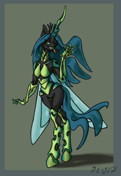 Size: 1186x1718 | Tagged: safe, artist:danton-y17, imported from derpibooru, queen chrysalis, anthro, changeling, changeling queen, unguligrade anthro, crown, female, jewelry, regalia, solo