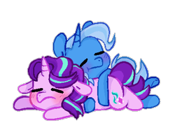 Size: 423x336 | Tagged: safe, artist:pinkiespresent, imported from derpibooru, starlight glimmer, trixie, pony, unicorn, blushing, chibi, female, lesbian, pony pile, shipping, sleeping, startrix