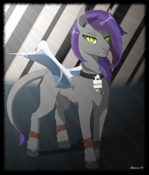 Size: 1292x1514 | Tagged: safe, artist:blademiss, imported from derpibooru, oc, oc only, oc:nerium, bat pony, pony, anorexic, bat pony oc, female, key, mare, padlock, slit eyes, slit pupils, solo