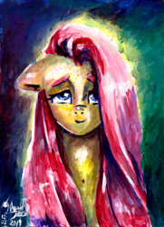 Size: 3051x4224 | Tagged: safe, artist:manny b.garcia, artist:mannybcadavera, imported from derpibooru, fluttershy, pony, 2019, acrylic painting, bust, colored background, female, floppy ears, front view, full face view, lidded eyes, looking at you, portrait, signature, solo, traditional art