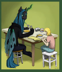 Size: 2595x3006 | Tagged: safe, artist:danton-y17, imported from derpibooru, queen chrysalis, changeling, changeling queen, human, fanfic:broken toy, fanfic:the girl and the queen, clothes, dishes, duo, fanfic art, female, food, glowing horn, hoodie, horn, magic, mug, napkin, pepper shaker, salt shaker, smiling, spoon, stool, table, telekinesis, wings