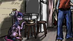 Size: 3840x2160 | Tagged: safe, artist:danton-y17, imported from derpibooru, twilight sparkle, alicorn, human, pony, barefoot, bowl, clothes, dirty, duo, feet, female, food, head out of frame, mare, pants, plate, pony pet, refrigerator, shirt, sitting, stool, twilight sparkle (alicorn)