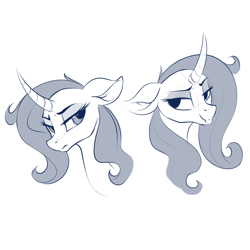 Size: 1280x1280 | Tagged: safe, artist:dimfann, imported from derpibooru, oleander, unicorn, them's fightin' herds, bust, community related, cute, female, grayscale, monochrome, oleander (tfh), portrait, simple background, smiling, solo, tongue out