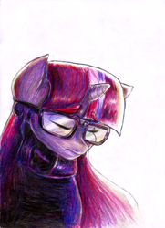 Size: 2085x2875 | Tagged: safe, artist:manny b.garcia, artist:mannybcadavera, imported from derpibooru, moondancer, pony, unicorn, colored pencil drawing, feelings, female, glasses, purple palette, sadness, simple background, solo, traditional art, white background