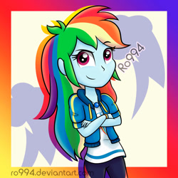 Size: 1600x1601 | Tagged: safe, artist:ro994, imported from derpibooru, rainbow dash, equestria girls, equestria girls series, clothes, crossed arms, female, geode of super speed, jacket, magical geodes, pants, solo, wristband