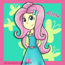 Size: 1500x1500 | Tagged: safe, artist:ro994, imported from derpibooru, fluttershy, human, equestria girls, equestria girls series, 2018, clothes, dress, female, geode of fauna, hands behind back, magical geodes, smiling, solo