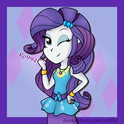 Size: 2000x2000 | Tagged: safe, artist:ro994, imported from derpibooru, rarity, human, equestria girls, equestria girls series, 2018, clothes, female, geode of shielding, magical geodes, one eye closed, rarity peplum dress, solo, wink