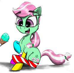 Size: 2000x1974 | Tagged: safe, artist:chopsticks, imported from derpibooru, minty, earth pony, pony, sundae sundae sundae, spoiler:interseason shorts, cheek fluff, chest fluff, clothes, cute, ear fluff, female, food, g3, g3 to g4, g4, generation leap, ice cream, mare, mintabetes, minty (g4), open mouth, simple background, smiling, socks, solo, striped socks