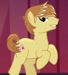 Size: 650x720 | Tagged: safe, imported from derpibooru, screencap, feather bangs, earth pony, pony, hard to say anything, bipedal, cropped, cutie mark, majestic, male, rearing, smiling, stallion