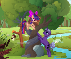 Size: 3190x2655 | Tagged: safe, artist:darkjillmlp123, imported from derpibooru, oc, oc only, oc:sweet hearts, pony, unicorn, bird house, bow, female, forest, hair bow, intertwined trees, male, mare, river, rock, stallion, stream, tree