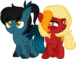 Size: 800x625 | Tagged: safe, artist:t-aroutachiikun, imported from derpibooru, oc, oc only, oc:mystic flare, oc:phoenix horizon, pegasus, pony, colt, female, filly, male, simple background