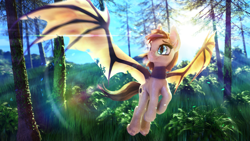 Size: 3840x2160 | Tagged: safe, artist:etherium-apex, imported from derpibooru, oc, oc only, oc:silver veil, bat pony, pony, 3d, crepuscular rays, female, flying, forest, lens flare, mare, solo, tree