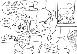 Size: 1754x1240 | Tagged: safe, artist:husdur, imported from derpibooru, applejack, pinkie pie, rainbow dash, rarity, dialogue, doodle, food, hungry, kneeling, monochrome, newspaper, pie, sad, sitting, speech bubble, starving, stomach growl, stomach noise