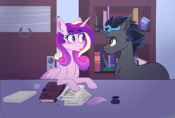 Size: 1046x701 | Tagged: safe, artist:saphi-boo, imported from derpibooru, king sombra, princess cadance, alicorn, pony, unicorn, blushing, book, bookshelf, crown, eyebrows, eyebrows visible through hair, female, good king sombra, horn jewelry, infidelity, inkwell, jewelry, library, lidded eyes, looking at each other, male, mare, open mouth, quill, regalia, shipping, somdance, stallion, straight