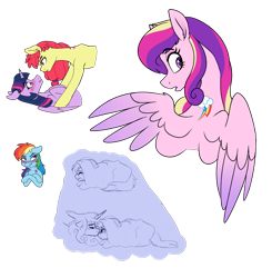 Size: 2249x2292 | Tagged: safe, artist:saphi-boo, imported from derpibooru, apple bloom, princess cadance, rainbow dash, twilight sparkle, alicorn, earth pony, pegasus, pony, soul bond au, alternative cutie mark placement, bedroom eyes, biting, blushing, cadash, eyebrows, eyebrows visible through hair, female, floppy ears, infidelity, lesbian, looking over shoulder, love bite, mare, older, shipping, simple background, soulmate marks, transparent background, twibloom, twilight sparkle (alicorn)