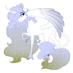 Size: 1111x1120 | Tagged: safe, artist:saphi-boo, imported from derpibooru, oc, oc only, oc:queen vitality, alicorn, classical unicorn, pony, alicorn oc, big ears, blank flank, cloven hooves, commission, curved horn, ethereal mane, eye clipping through hair, female, horn, leonine tail, long hair, mare, raised hoof, royalty, simple background, smiling, solo, spread wings, starry mane, transparent background, unshorn fetlocks, wings