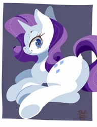 Size: 782x1024 | Tagged: safe, artist:tohupo, imported from derpibooru, rarity, pony, unicorn, border, butt, cute, dock, eyelashes, featureless crotch, female, gray background, horn, lineless, looking at you, looking back, looking back at you, mare, on side, plot, prone, raised tail, raribetes, side, simple background, smiling, solo, stylized, tail, underhoof