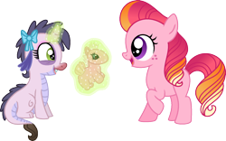 Size: 1414x885 | Tagged: safe, artist:starryoak, imported from derpibooru, oc, oc:honeycrisp blossom, oc:miracle, dracony, hybrid, interspecies offspring, magic, offspring, parent:big macintosh, parent:princess cadance, parent:rarity, parent:spike, parents:cadmac, parents:sparity, plushie, simple background, transparent background