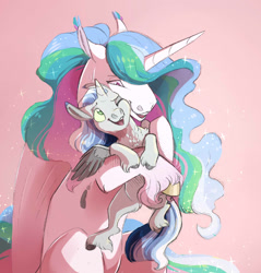 Size: 1318x1378 | Tagged: safe, artist:vindhov, imported from derpibooru, princess celestia, oc, oc:cerulean, alicorn, pony, alicorn oc, colt, female, hug, male, momlestia, mother and son, offspring, parent:good king sombra, parent:king sombra, parent:princess celestia, parents:celestibra, pink background, simple background, unshorn fetlocks