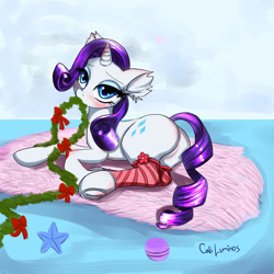 Size: 1280x1280 | Tagged: safe, artist:cali luminos, imported from derpibooru, rarity, pony, unicorn, blushing, butt, carpet, clothes, female, frog (hoof), hoof blush, mare, plot, rearity, socks, solo, underhoof