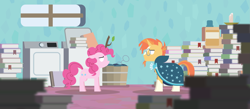 Size: 3925x1707 | Tagged: safe, anonymous artist, imported from derpibooru, pinkie pie, sunburst, earth pony, pony, unicorn, awkward, book, candle, clothes, coat markings, dryer, female, glasses, laundry, laundry basket, laundry detergent, laundry room, male, mare, robe, sad, socks (coat marking), socks (coat markings), stallion, stick, sunburst is not amused, washing machine, white eyes, window