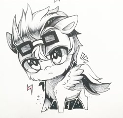 Size: 1280x1234 | Tagged: safe, artist:swaybat, imported from derpibooru, oc, oc only, oc:aj, pegasus, pony, chibi, glasses, male, monochrome, sketch, solo, stallion