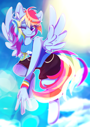 Size: 1358x1920 | Tagged: safe, artist:rariedash, imported from derpibooru, rainbow dash, anthro, pegasus, unguligrade anthro, clothes, color porn, female, flying, mare, one eye closed, sky background, solo, wink