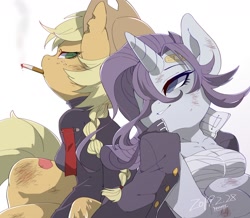 Size: 1720x1500 | Tagged: safe, artist:potetecyu_to, imported from derpibooru, applejack, rarity, anthro, earth pony, semi-anthro, unicorn, applejack's hat, arm hooves, bandaid, breasts, chestbreasts, cigarette, clothes, cowboy hat, cute, delinquent, female, gakuran, hat, jackabetes, lesbian, raribetes, rarijack, shipping, simple background, smoking, white background