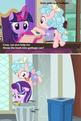 Size: 968x1448 | Tagged: safe, edit, edited screencap, imported from derpibooru, screencap, cozy glow, starlight glimmer, twilight sparkle, alicorn, pegasus, pony, unicorn, school raze, abuse, abuse edit, background pony strikes again, butt, cozy glutes, downvote bait, evil, female, filly, glimmerbuse, hater, op failed at starting shit, op has an opinion, op is a duck, op is trying to start shit, op isn't even trying anymore, plot, trash can, twilight sparkle (alicorn)