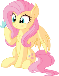 Size: 5646x7327 | Tagged: safe, artist:cyanlightning, imported from derpibooru, fluttershy, butterfly, pegasus, pony, .svg available, absurd resolution, blushing, chest fluff, cute, ear fluff, female, mare, shyabetes, simple background, sitting, smiling, solo, spread wings, transparent background, vector, wings