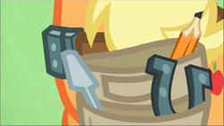 Size: 1669x940 | Tagged: safe, imported from derpibooru, screencap, applejack, earth pony, pony, applejack's "day" off, female, green background, horseshoes, mare, pencil, screwdriver, simple background, solo, toolbelt