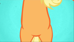 Size: 1668x940 | Tagged: safe, imported from derpibooru, screencap, applejack, earth pony, pony, applejack's "day" off, belly, bipedal, blue background, close-up, featureless crotch, female, hind legs, mare, out of context, pictures of bellies, simple background, solo