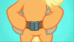 Size: 1668x940 | Tagged: safe, imported from derpibooru, screencap, applejack, earth pony, pony, applejack's "day" off, belly, bipedal, blue background, featureless crotch, female, mare, simple background, solo, toolbelt