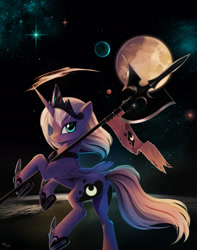 Size: 1280x1627 | Tagged: safe, artist:php58, artist:ponykillerx, deleted from derpibooru, imported from derpibooru, princess luna, alicorn, halberd, looking at you, moon, s1 luna, solo, weapon