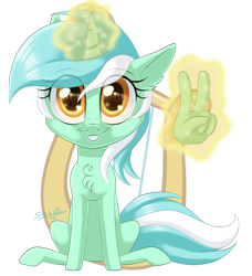 Size: 800x879 | Tagged: safe, artist:unisoleil, imported from derpibooru, lyra heartstrings, pony, chest fluff, chibi, female, hand, looking at you, magic, magic hands, mare, peace sign, signature, simple background, smiling, solo, transparent background