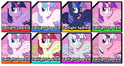 Size: 1570x841 | Tagged: safe, artist:lightning stripe, derpibooru exclusive, imported from derpibooru, moondancer, princess cadance, princess celestia, princess flurry heart, princess luna, twilight, twilight sparkle, twilight velvet, alicorn, pony, fighting is magic, alicornified, alternate clothes, alternate costumes, ember's worst nightmare, female, flying, g1, g1 to g4, g4, generation leap, grin, horn, mare, moondancercorn, palette swap, pink background, race swap, recolor, show accurate, simple background, smiling, spread wings, super smash bros., super smash bros. ultimate, text, twilight sparkle (alicorn), wings