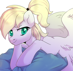 Size: 2595x2500 | Tagged: safe, artist:tigra0118, imported from derpibooru, oc, oc:luftkrieg, pegasus, pony, aryan, aryan pony, blonde, female, looking at you, nazipone, pillow, simple background, smiling, solo, white background