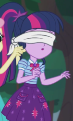 Size: 682x1125 | Tagged: safe, imported from derpibooru, screencap, fluttershy, sci-twi, twilight sparkle, equestria girls, equestria girls series, stressed in show, stressed in show: fluttershy, blindfold, cropped, cute, female, forest