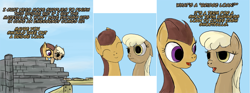 Size: 2147x800 | Tagged: safe, artist:aaronmk, imported from derpibooru, mjölna, oc, oc:marigold, earth pony, pony, ask pun, ask, bridge, female, mare, pun