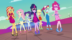 Size: 1920x1080 | Tagged: safe, imported from derpibooru, screencap, applejack, fluttershy, pinkie pie, rainbow dash, rarity, sci-twi, sunset shimmer, twilight sparkle, equestria girls, equestria girls series, i'm on a yacht, spoiler:eqg series (season 2), alternate hairstyle, clothes, dress, female, geode of empathy, geode of fauna, geode of shielding, geode of sugar bombs, glasses, humane five, humane seven, humane six, legs, magical geodes, ponytail, sandals, shorts, skirt, sleeveless, tanktop