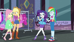 Size: 1920x1080 | Tagged: safe, imported from derpibooru, screencap, applejack, fluttershy, rainbow dash, rarity, equestria girls, equestria girls series, street chic, spoiler:eqg series (season 2), applejack's hat, bare shoulders, clothes, cold, converse, cowboy hat, dress, female, freezing, geode of fauna, geode of super speed, geode of super strength, hat, magical geodes, out of context, rarity peplum dress, shivering, shoes, sleeveless, sneakers, stetson, strapless, tanktop