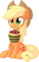 Size: 4917x7795 | Tagged: safe, artist:cyanlightning, imported from derpibooru, applejack, earth pony, pony, .svg available, absurd resolution, apple, bucket, cute, ear fluff, female, food, hat, jackabetes, mare, mouth hold, simple background, sitting, smiling, solo, transparent background, vector